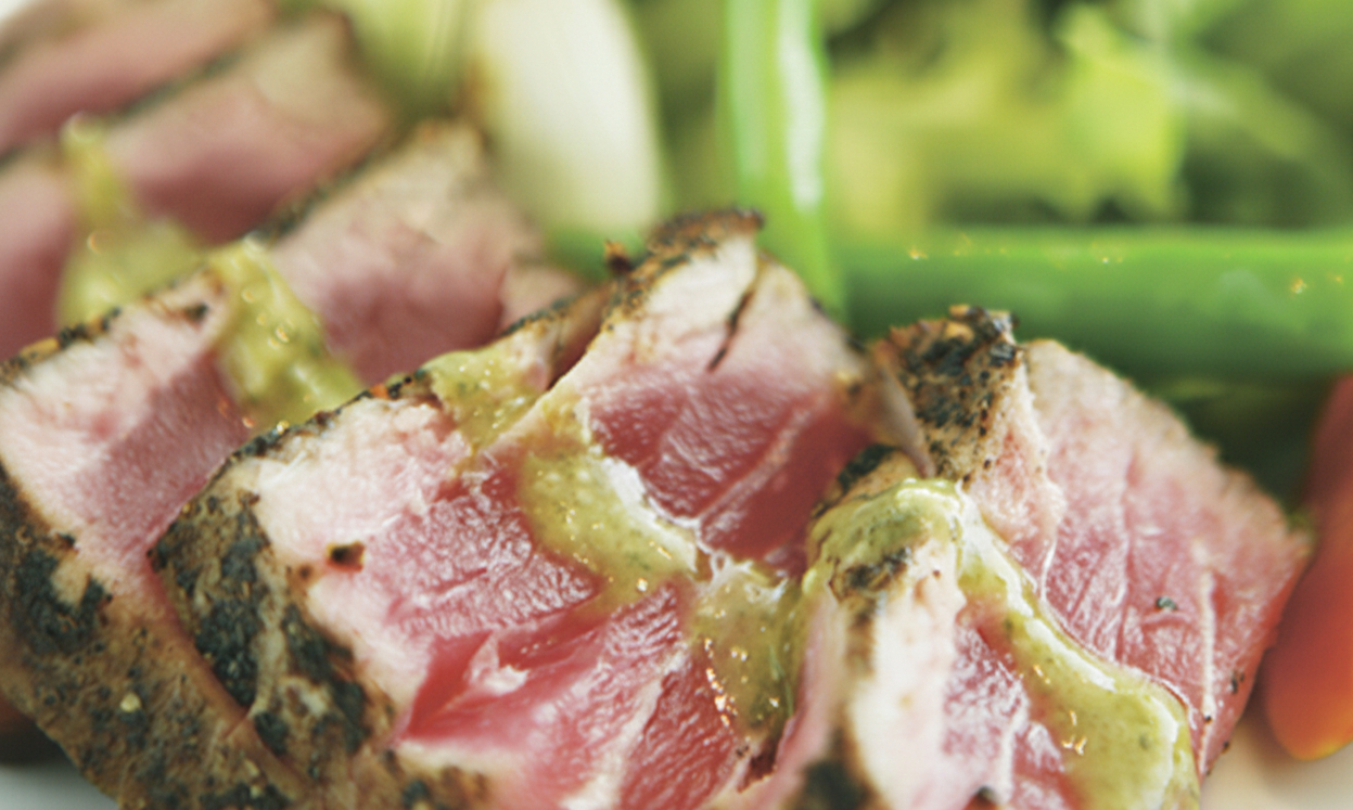 Sweet & Sour Lavender Seared Ahi Tuna with Shaved Zucchini Salad